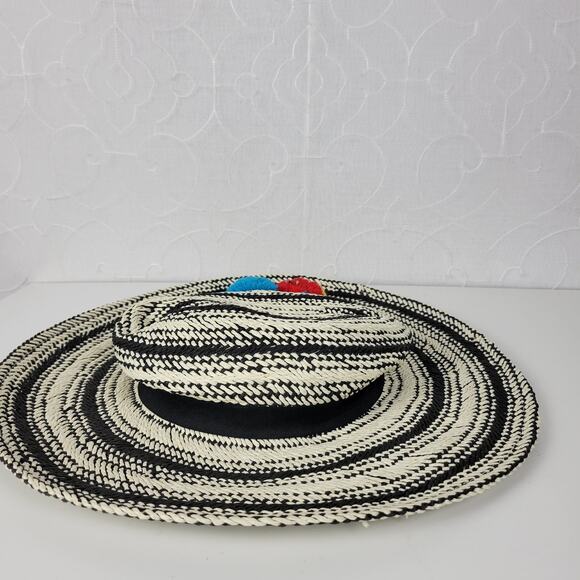 Hinge Two Tone Panama Hat Black White Wide Brim Woven Straw Pom Pom Summer NWOT - Picture 15 of 16